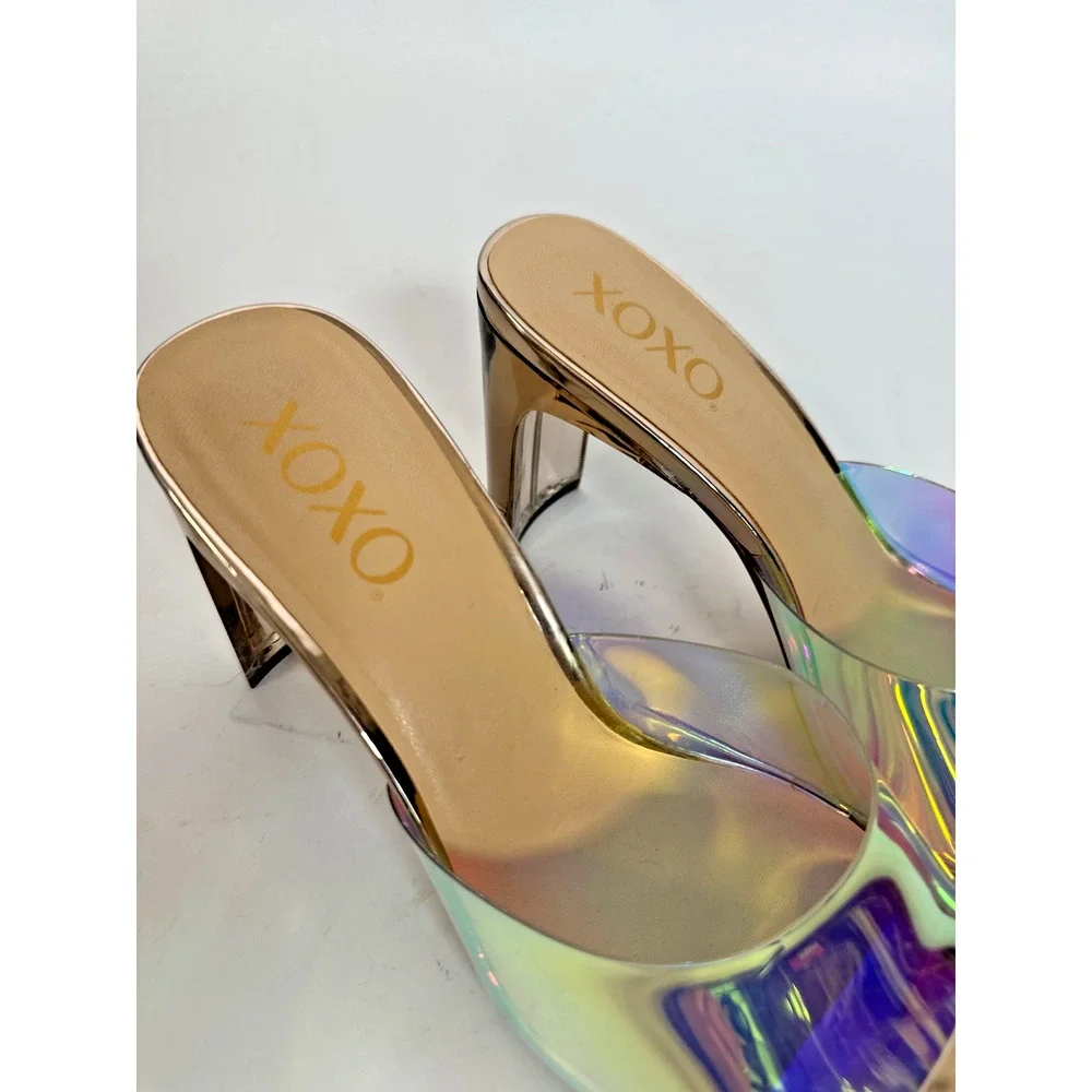 XOXO Iridescent Holographic Mule Heels Size 9 Metallic Square Toe Sandals
